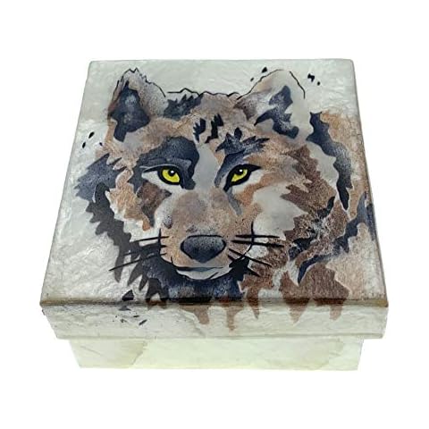 Kubla Crafts Wolf Capiz Shell Keepsake Box, 3 Inches X 3 Inches Cover