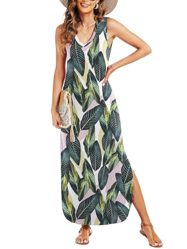 Image of Arolina Maxi Dress for Women Tropical Summer V Neck Sleeveless Split Long Beach Dresses Casual Loose Sundress with Pockets