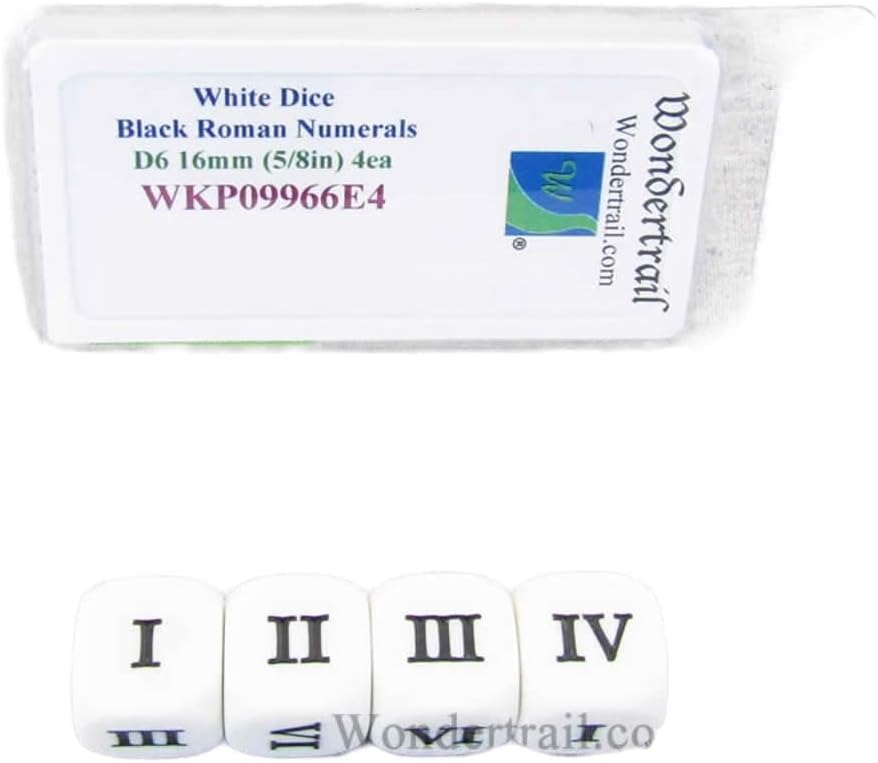 White Dice with Black Roman Numeral D6 16mm (5/8in) Pack of 4 Dice Wondertrail