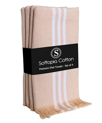 Image of Prewashed Stripe Kitchen Towels 4 Pack, 16x26 Inches, 100% Cotton, Dish Towels for Kitchen Drying, Reusable Tea Towels, Absorbent Wash Cloths, Quick Dry and Machine Washable - Beige