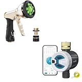 RAINPOINT Bluetooth Sprinkler Timer with Brass Inlet & Garden Hose Nozzle, Heavy Duty Metal Water Hose Sprayer Nozzle with 9 Adjustable Spray Patterns, High Pressure Hand Sprayer