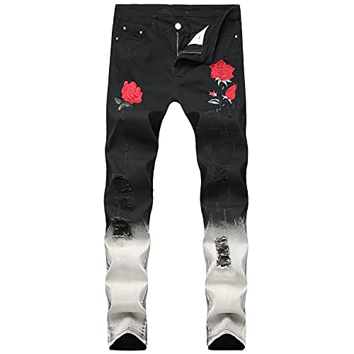 Men s Floral Embroidered Ripped Jeans Holes Straight Slim Washed Denim Pants Rose Pattern Vintage Moto Jean Trousers (Black,28)