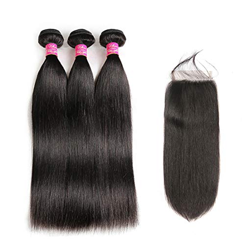 Brazilian Straight Hair Bundles With Closure (10 12 14+10