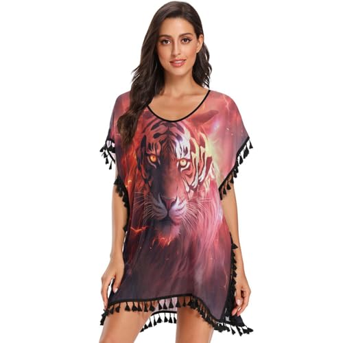 Space Light Art Cool Tiger Women's Beach Cover Up Chiffon Tassel Swimwear Swimsuit Coverups for Girl