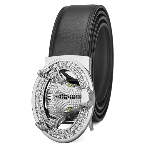 Mens Ratchet Leather Belt Casual Formal Strap with Rhinestone Engraved Longhorn Bull Cattle Head Automatic Buckle(110cm/43, Black)