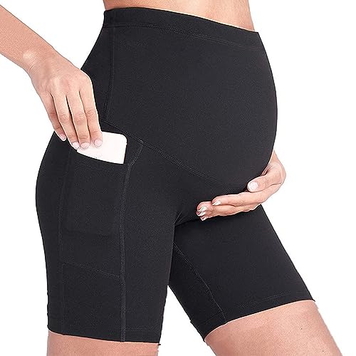 Buliezy Short de Yoga de maternité Noir avec Poches pour téléphone - Taille Haute - Soutien sans Couture - Doux et Actif - Taille S à XL
