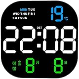 Reloj de pared digital LED, diseño cuadrado moderno con alarma, termómetro, calendario, visualización de día de la semana, brillo ajustable, control remoto para el hogar u oficina (A)