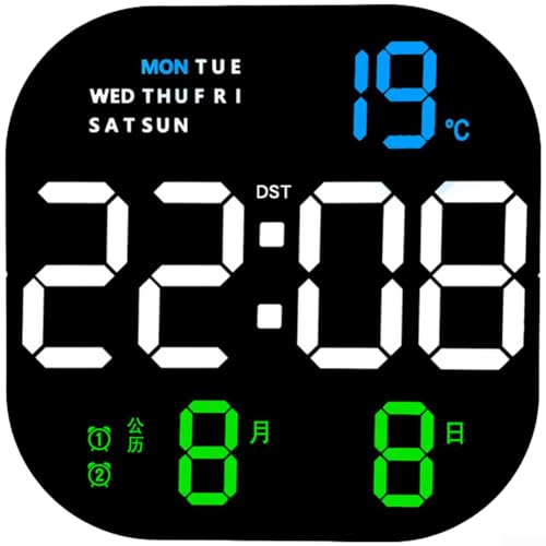 Reloj de pared digital LED, diseño cuadrado moderno con alarma, termómetro, calendario, visualización de día de la semana, brillo ajustable, control remoto para el hogar u oficina (A)