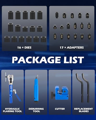 Image of OMT Hydraulic Flaring Tool Kit, Brake Line Set with Cutter & Deburring | For Copper, Fuel & Transmission Lines; 45 & ISO Dies 3 /16-1 /2 & 4.75-10mm; 42CrMo Steel Yoke; Precision Deburring Tool