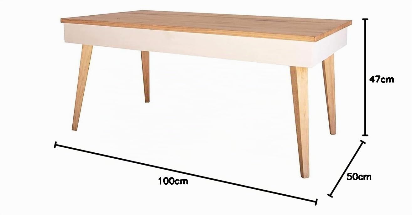 LoMasCasa - Mesa de Centro Elevable con Cajón Modelo Karol de Estilo Nórdico con Acabado Madera y Blanco Fabricada en Madera Natural Maciza de Pino con Medidas: 100 x 50 x 47 cm