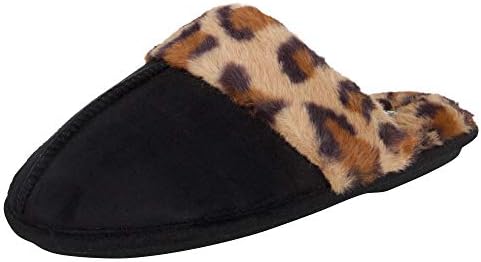 Jessica Simpson Women's Comfy Faux Fur House Slipper Scuff Memory Foam Slip on Anti-Skid Sole, Black/Leopard, Large
