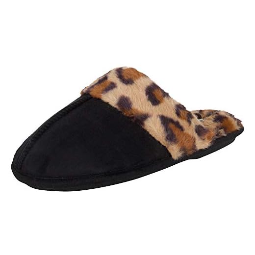 Jessica Simpson Women's Comfy Faux Fur House Slipper Scuff Memory Foam Slip on Anti-Skid Sole, Black/Leopard, X-Large