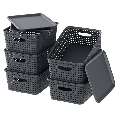 Cesta de almacenamiento de tejido de plástico gris, cajas organizadoras organizador escritorio 7