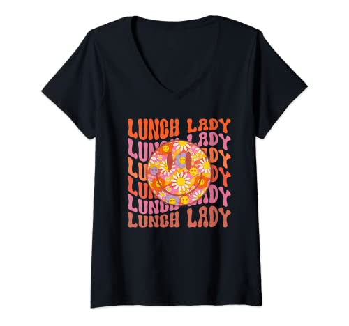 Womens Retro Lunch Lady Team Groovy Smile Face Cafeteria Worker V-Neck T-Shirt