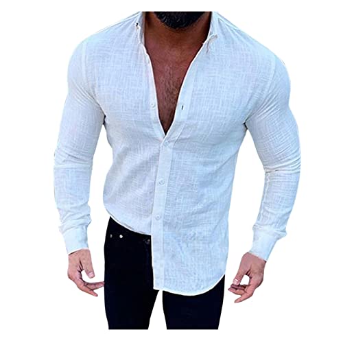 YANFJHV Sports Undershirt Men's Cotton Slim Long Sleeve Shirt Linen Shirt Casual Summer Outdoor Shirt Undershirts Plain Lapel T-Shirt Summer Shirt Regular Fit Casual Shirt with Buttons, White, L