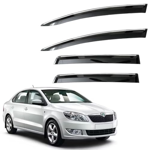 Image of CAR SAAZ Unbreakable Chrome Smoke Door Visor for Rapid (2011-2016) | Premium Sun, Rain Wind Deflector Chrome Strip Side Door Rain Visor - Set of 4 Pcs