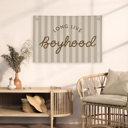 Image of Boys Room Decor Long Live Boyhood Banner，Vintage Playroom Bedroom Nursery Wall Hanging Decor, Retro Kids Room Decor Stripes Flag Banner 30x20 boyroom