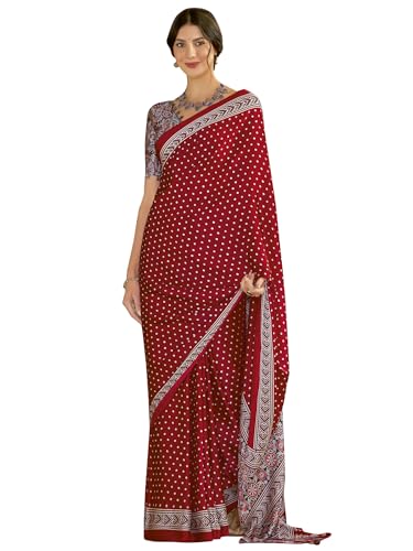 Image of SAREE MALL Women's Ajrkh Print Satin Crepe Polka Dot Printed Saree With Unstitched Blouse Piece