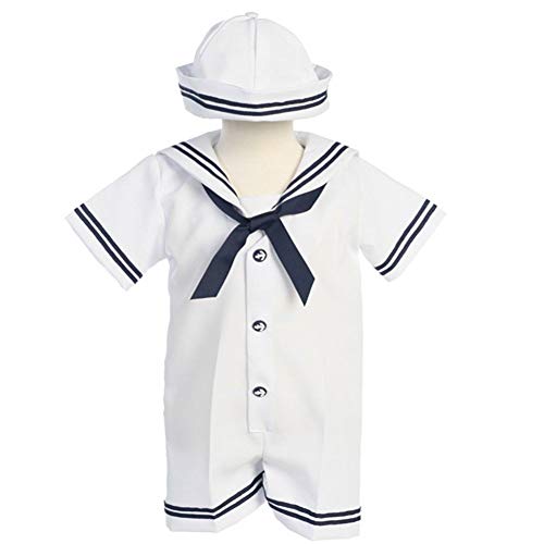 Lito Baby Boys White Navy Sailor Romper Hat Set 3-6M