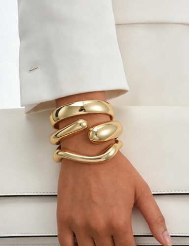 Image of Chunky Gold Bangle Bracelets for Women, Dainty 14k Gold Plated Big Stackable Bangles Set, Trendy Statement Cuff Bracelet Stack Fashion Jewelry Gifts
