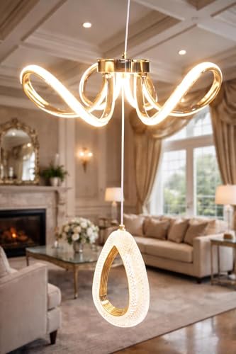 Image of kinis Modern Luxury LED Wave Chandelier with Crystal Drop Pendant | 3 Different Color Mode (WH /WW /NW) | Led Chandelier Light for Living Room /Bedroom /Cafe /Resturents