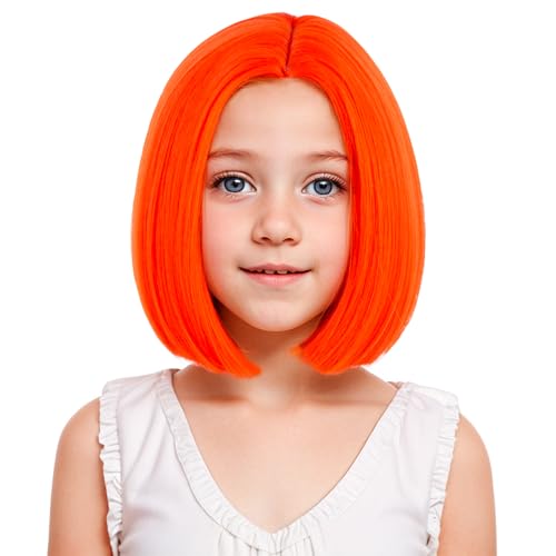 Image of Kids Orange Wigs Girls Orange Bob Wig Middle Part Bob Wig for Child Synthetic Wigs for Daily Halloween Party Use