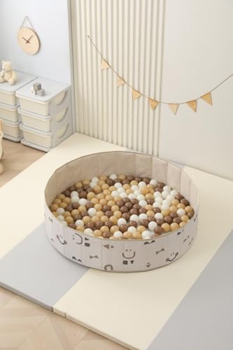 Ubaby - Piscina de bolas para bebés com tapete bege sorriso, 120 x 30 cm e 100 bolas de 7 cm, castanho, bolsa de transporte incluída
