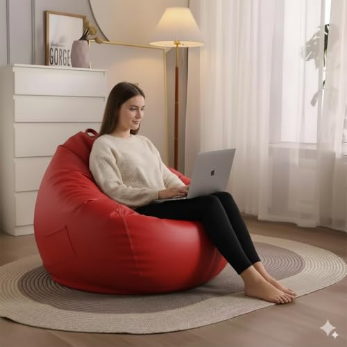 Image of 4XL Leatherette Bean Bag Chair with Footrest & Cushion with Beans Filled (Ready to Use) Color- (Red, Bean Bag Only)