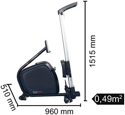 Toorx RWX-500 Rower folded for storage, showing dimensions of 960mm length, 510mm width, and 1515mm height, occupying 0.49 square meters.