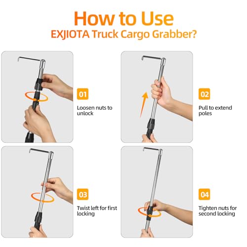 EXJIOTA Truck Cargo Grabber, 6FT Truck Cargo Retriever Telescoping Pole with Two Hooks, Truck Grabber Reach Tool for Pickup Truck Bed Heavy Duty Truck Accessories