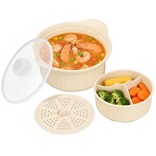 Microwave Silicone Steamer 3 Compartmented Microwave Pot with Handle Lid 4 in 1 Microwave Steamer for Vegetables Silicone Food Grade Dishwasher Safe