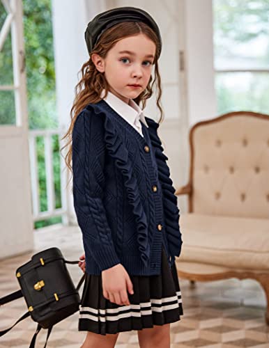 Arshiner Kids Cardigans Girls Kawaii Ruffle Trim Cardigan Button Front Cable Knit Sweater Christmas V Neck Sweater Blazer Pointelle School Uniform Navy Blue For 7-8 Years #TOP1
