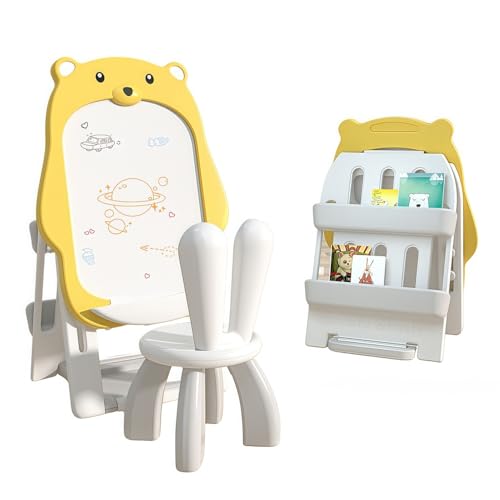 YFFY 子供用お絵かきボード、赤ちゃんの学習落書きボード、防塵マグネットボード、垂直ボード、高さ調節可能、折りたたみ可能、ベビールーム、幼稚園などに最適です。 (黄色と白,+本棚+バニーチェア)