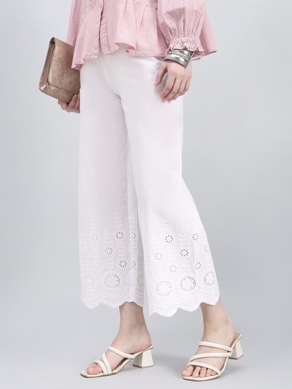Image of GO COLORS Soft Cotton Embroidered Wide Pant Full Length for Women | Mid Rise, Breathable