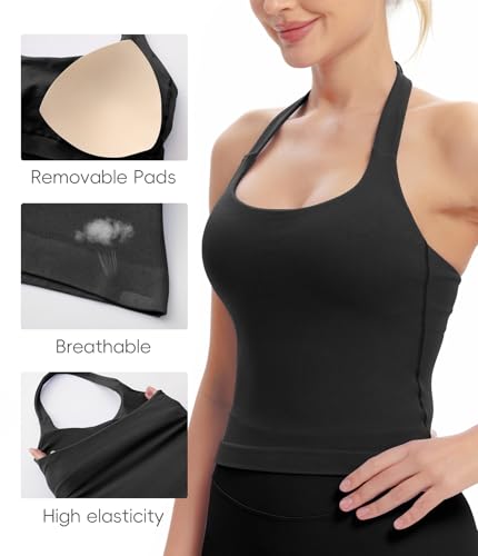 Comper Halter Workout Tops for Women Longline Strappy Tops with Built in Bra Backless Sports Workout Top with Removable Paded Black - image 6