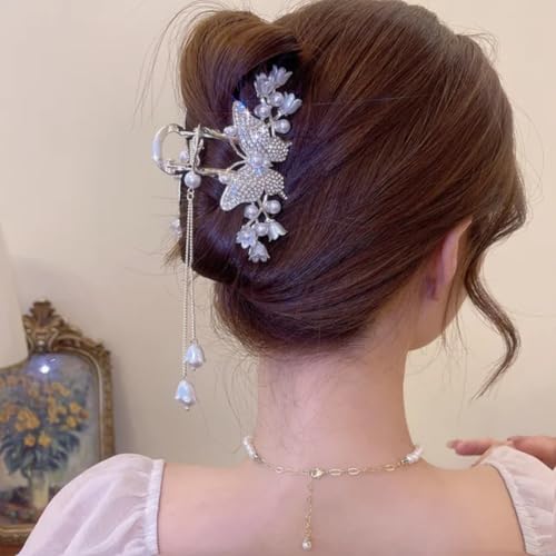 Image of Diversa Rhinestone Golden Peacock Claw Clip, Tassel & Bellflower Embellished Korean Clutcher, Non- Slip Metal Claw Clip for Girls, Fancy Clutcher for Women, Pack of 1