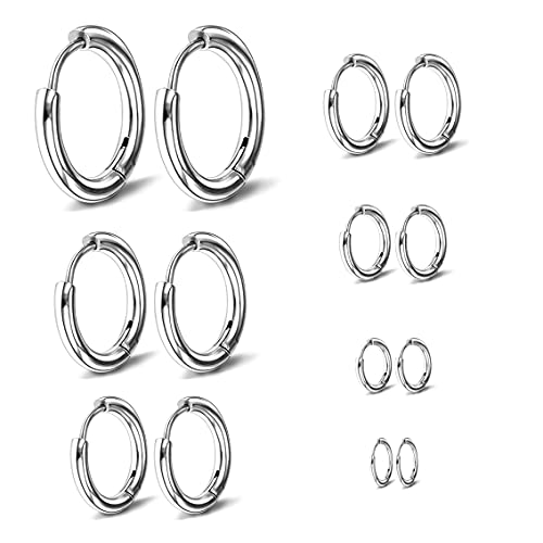 7 paires de boucles d'oreilles en acier inoxydable, anneaux nasogéniens, accessoires de boucles d'oreilles cartilage pour hommes et femmes 8mm 10mm 12mm 14mm 16mm 18mm 20mm (Argent) Cover