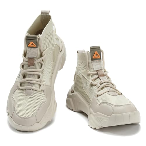 Fushiton Mens High Top Trainers Fashion Platform Shoes Lightweight Breathable Gym Sneakers Comfortable Sports Footwear Casual, Beige BE, 8UK - Image 2