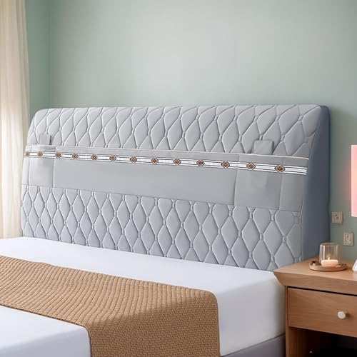 HEADBOARD Kopfteilbezug, Elastische Dehnbare Kopfteilhusse, Wasserdichter Schutzbezug Für Weiche Bettkopfteile, Staubschutzbezug Für Kopfteil,Coffee Gray 1,220CM