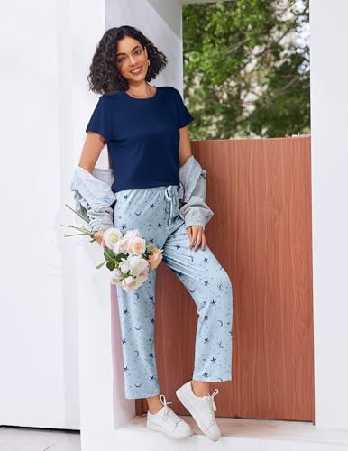 Image of Ekouaer Pajama Sets for Women Round Neck Pjs Short Sleeve Sleepwear with Long Pants Loose Lounge Sets