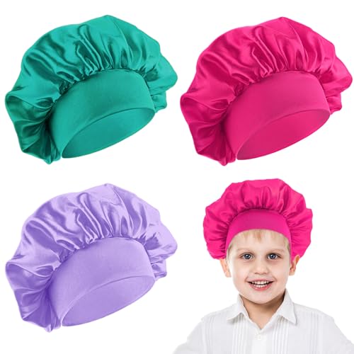 3 Pcs Satin Kid Bonnets Curly Hair Wrap Girl Silk Sleeping Hat Boy Elastic Wide Band Bonnet Sleep Cap for Children Natural Long Short (US, Numeric GO, Medium, X-Large, Rose red, Green, Purple) - Main Image