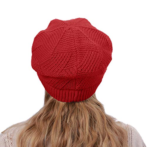 Women Winter Warm Hat Slouchy Cable Knit Visor Crochet Beanie Hats Snow Ski Skull Cap With Brim Red #TOP5
