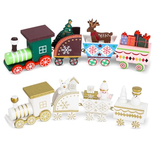 2 Stück Weihnachtszug Deko, Mini Holzzug, Weiß-Bunt Ornamente,...