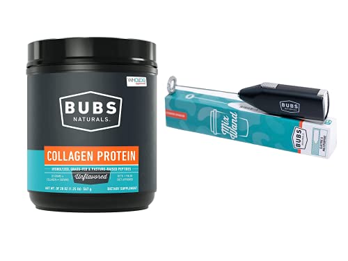 BUBS Naturals Collagen Peptides Pasture Raised Grass-Fed|Paleo & Keto Friendly|Whole30 Approved| 20oz Container)| 28 Servings and BUBS Naturals Mix Wand - Handheld Milk Frother - Lattes, Coffee