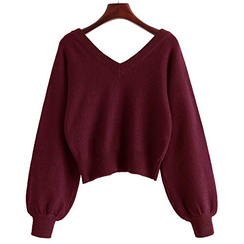 Image of ZAFUL Women's Cropped Sweater V-Neck Long Sleeve Pullover Jumper Knit Top