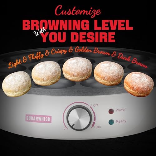 SugarWhisk Mini Pancakes Maker Machine with 14 Larger & Deeper Grooves, Electric Mini Pancake Pan, Aebleskiver Pan, Ebelskiver Pan, Browning Controllable, White