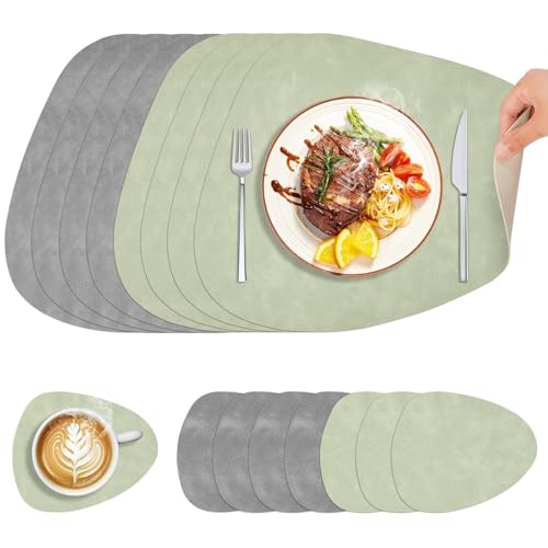 Omtofo Satz Von 8 Tischset, Platzset Hitzebeständig Doppelseitigen, Tischsets Leder Und Untersetzer, Ovales Tischsets Abwaschbar, rutschfeste Und Wasserabweisende Platzdeckchen, Grün Und Grau