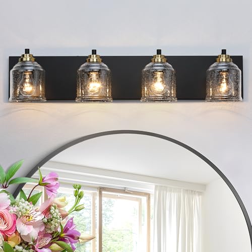 YKLITG 31.5" Large Farmhouse Bathroom Vanity Light,4-Light Black and Gold Metal Vanity Light with Bubble Glass Shades,Rustic Wall Sconce Lighting Fixtures Over Mirror for Barhroom,Kitchen