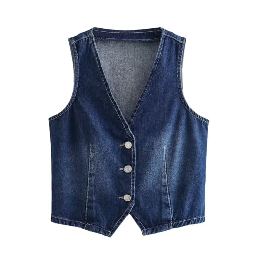 Women's Classic V-Neck Button Front Denim Waistcoat, Adjustable-Back Vest