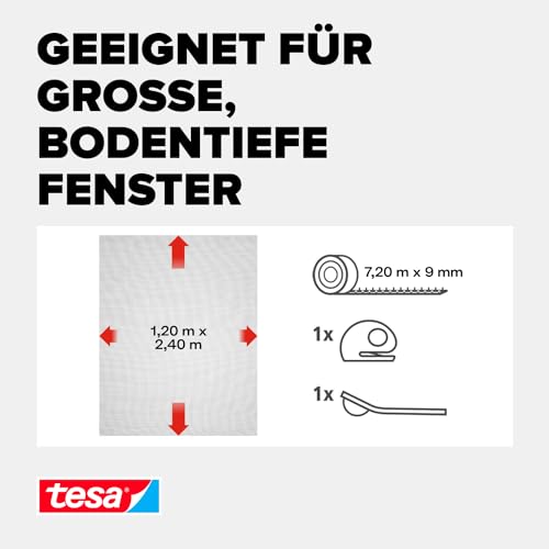 tesa Insect Stop COMFORT Fliegengitter für bodentiefe Fenster - Insektenschutz selbstklebend - Fliegen Netz ohne Bohren - 120 cm x 240 cm - Anthrazit (Durchsichtig)